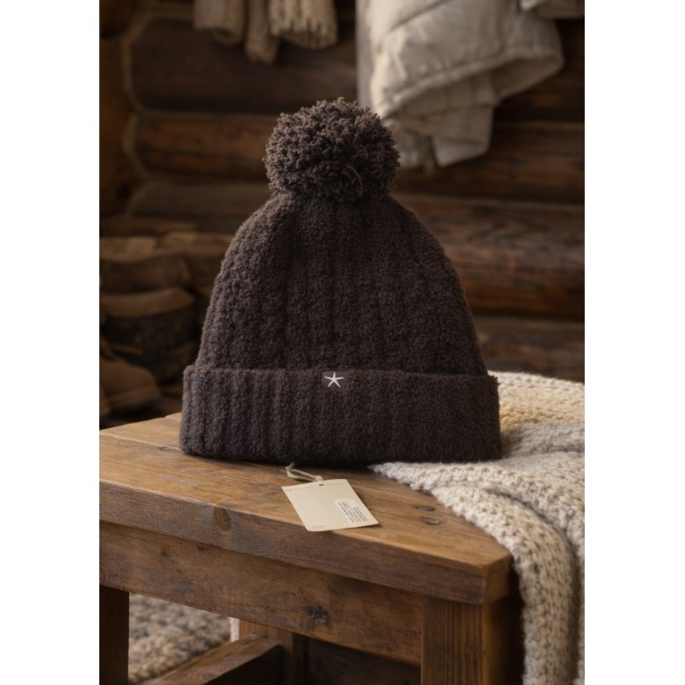 Barefoot Dreams‎ CozyChic Cable Knit Pom Pom Beanie Dark Brown NWT